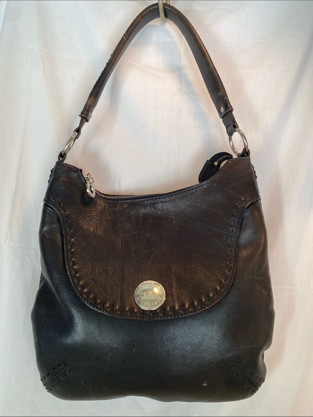 Vintage Hidesign Black Leather Shoulder Hobo Bag with Front Flap